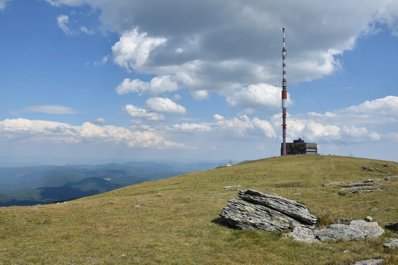 Trávnatý vrchol Kráľovej hole s vysielačom v lete