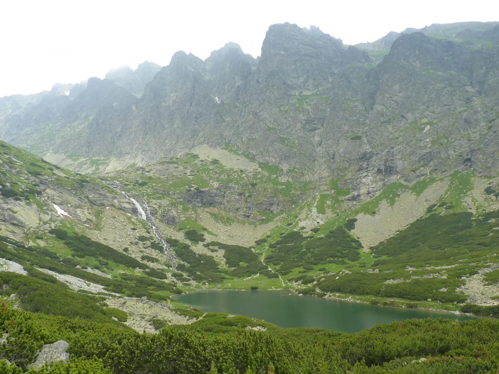 Velické pleso vo Velickej doline s Velickým vodopádom a skalnými štítmi Vysokých Tatier